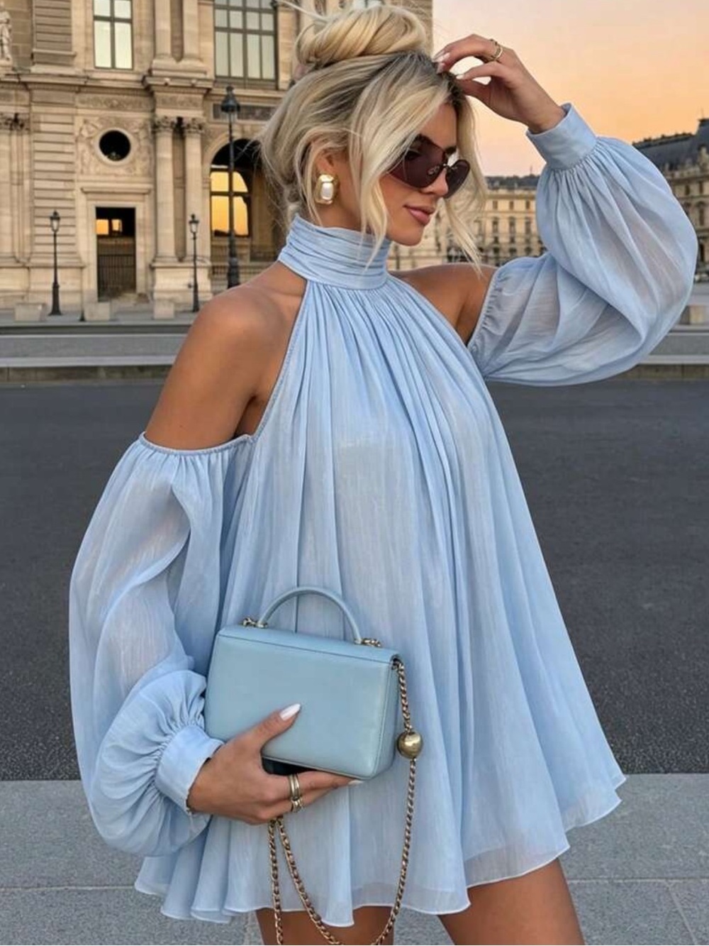 Autumn/Winter French Romantic Cold Shoulder Textured Long Sleeve Loose A-Line